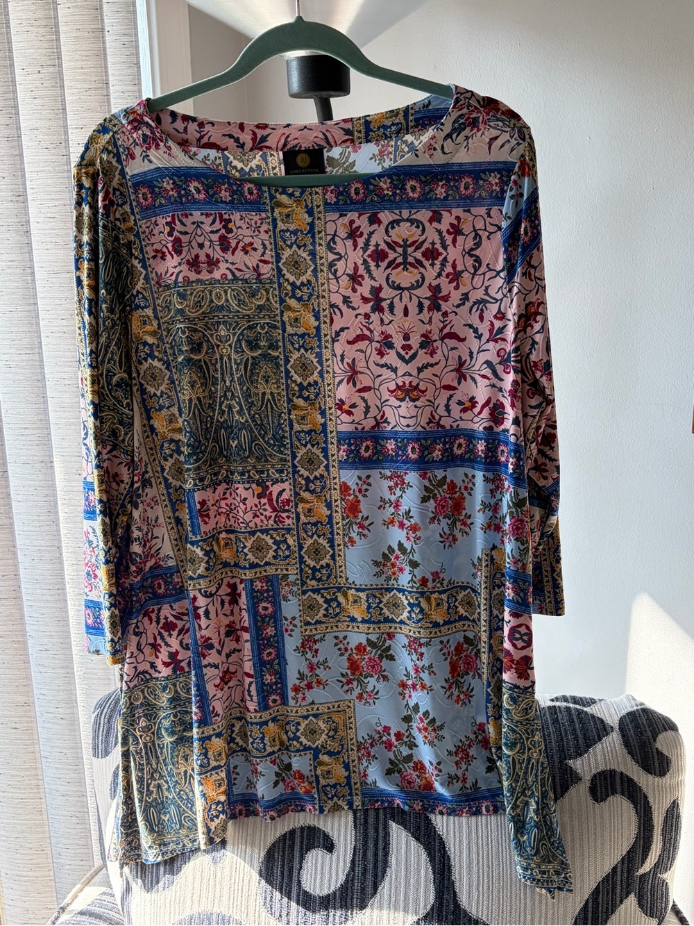 Floral Patchwork Print Tunic Top in Pink and Blue XL
